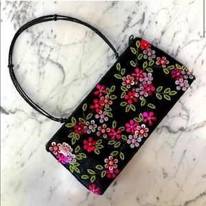 Floral Sequined Black Satin Purse